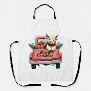 Tablier Joyeux Noël vintage vache Highland rose à la ferme