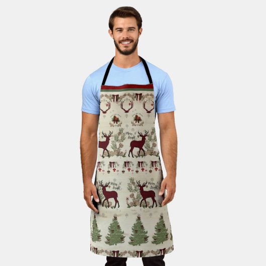 Tablier Joyeux pin de Noël brillant Cerf Bois rustique (Porté)