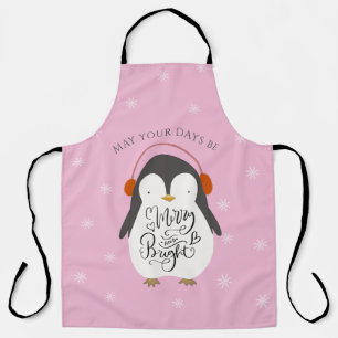 Tablier Joyeux Pingouin brillant Whimsical Noël rose