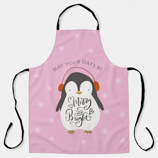 Tablier Joyeux Pingouin brillant Whimsical Noël rose (Recto)