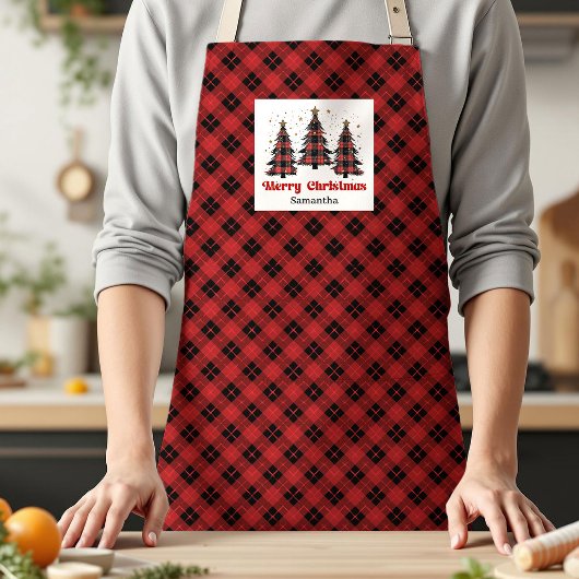 Tablier Joyful Buffalo Plaid Tree Custom Name Xmas Kitchen