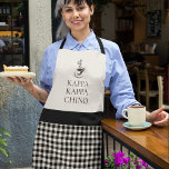 Tablier Kappa Kappa Chino Amusant café<br><div class="desc">Un design amusant pour les amateurs de café ou de barista, ce tablier tout-en-un unique a un design plaid noir et blanc avec un arrière - plan supérieur solide assorti en blanc cassé. Le texte "KAPPA KAPPA CHINO" se trouve sous une tasse de café chaud fumant. Le texte est une...</div>