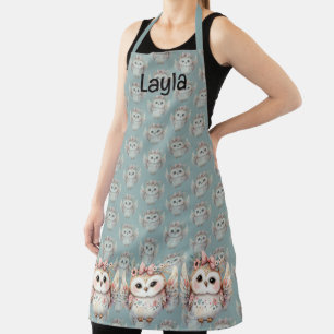 Tablier Kawaii Boho Owl Illustration bleu