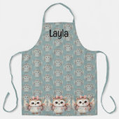 Tablier Kawaii Boho Owl Illustration bleu (Recto)