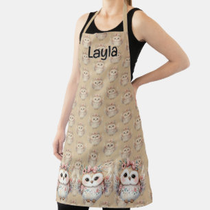 Tablier Kawaii Boho Owl Illustration Taupe