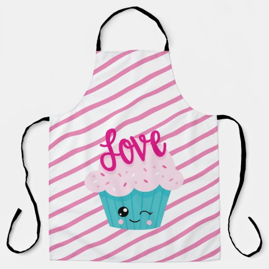 Tablier Kawaii Cupcake Love Rose Turquoise Stripe mignonne (Recto)