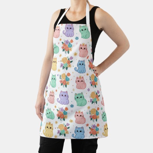 Tablier Kawaii Pastel Cats and Flowers Pattern Apron (Insitu)