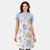 Tablier Kawaii Pastel Kitten and Floral Pattern Apron (Porté)