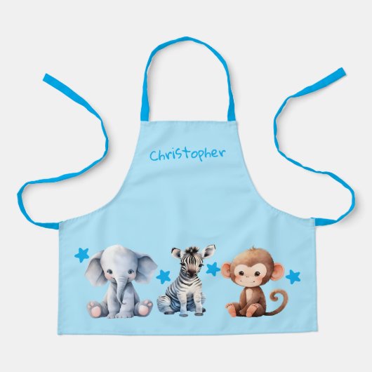 Tablier Kid's add name cute animals stars blue (Recto)