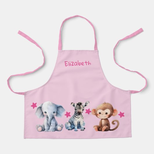 Tablier Kid's add name cute animals stars pink (Recto)