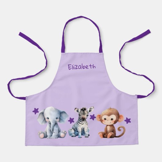 Tablier Kid's add name cute animals stars purple (Recto)