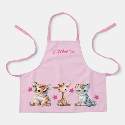 Tablier Kid's cute animals stars add name pink (Recto)