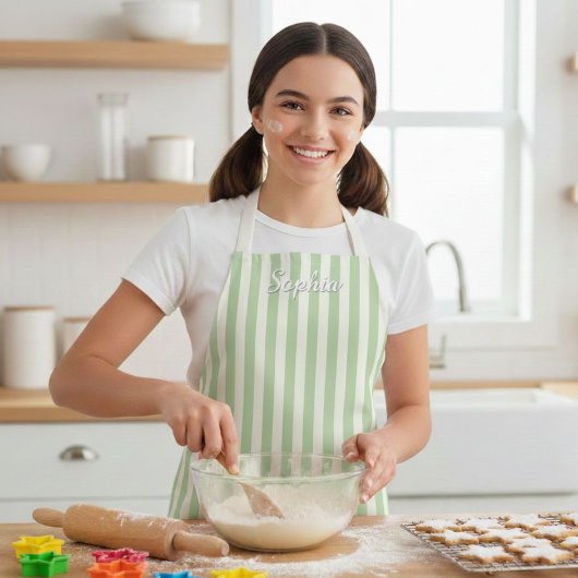 Tablier Kids' Sage Green Stripe Custom Name Apron