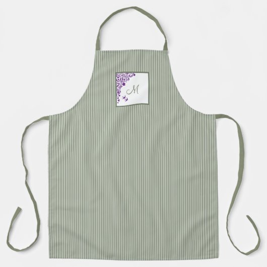 Tablier L Sage Green Stripe Purple Floral Script Monogramm (Recto)