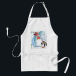 TABLIER LA SÉRÉNADE HIVERNALE DE SNOWMAN ET PENGUIN<br><div class="desc">Peinture originale couleur pastel en bleu blanc,  bonhomme de neige et pingouin jouant du violon dans la neige hivernale avec des fleurs rouges,  fleurit.par Bulgan Lumini (c)</div>
