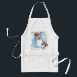 TABLIER LA SÉRÉNADE HIVERNALE DE SNOWMAN ET PENGUIN<br><div class="desc">Peinture originale couleur pastel en bleu blanc,  bonhomme de neige et pingouin jouant du violon dans la neige hivernale avec des fleurs rouges,  fleurit.par Bulgan Lumini (c)</div>