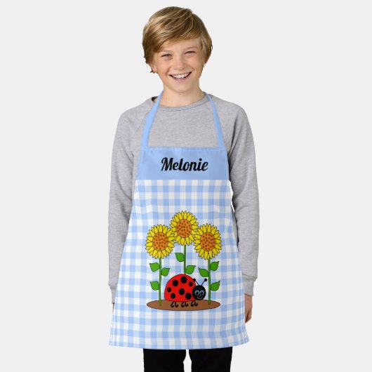 Tablier Ladybug avec tournesol bleu En vichy monogramme (Porté)