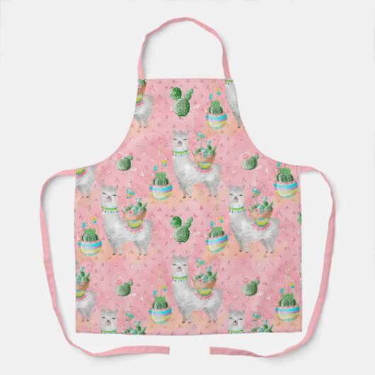 Tablier Lamas mignonnes et cactus à fleurs sur Motif rose (Recto)