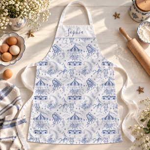 Tablier Lapin céleste fantaisiste Toile de Jouy bleue