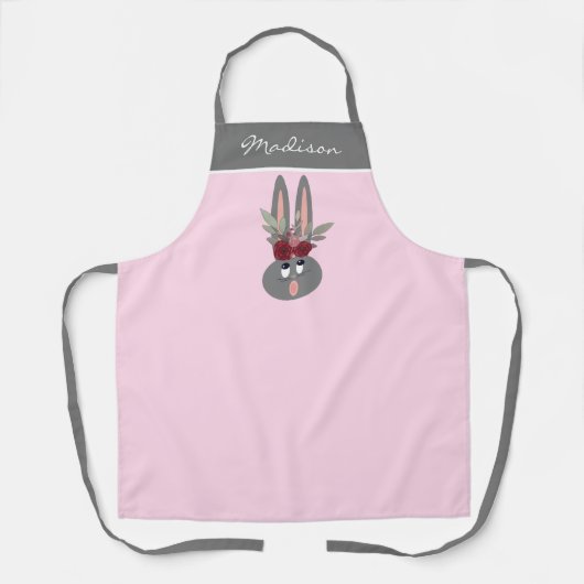 Tablier Lapin Floral Moderne Rose Nom Personnalisé Femmes (Recto)
