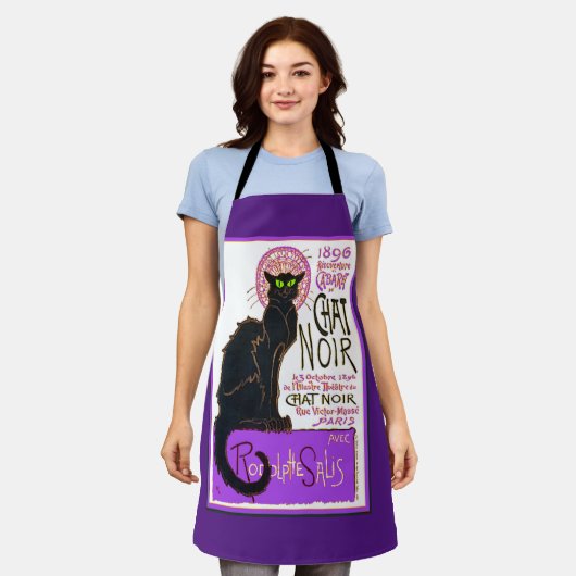 Tablier Le Conversation Noir, le chat noir en violet, (Porté)