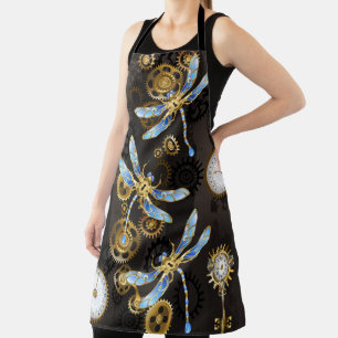 Tablier Libellules Steampunk sur fond brun rayé