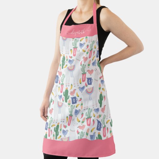 Tablier Llama Cactus moderne Blush Pink Girl Nom du script (Insitu)