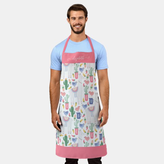 Tablier Llama Cactus moderne Blush Pink Girl Nom du script (Porté)
