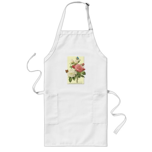 Tablier Long Blanc rose Vintage Roses botaniques (Devant)