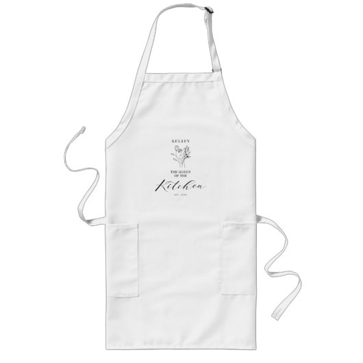 Tablier Long Bouquet floral noir Nom et Reine de la cuisine (Devant)