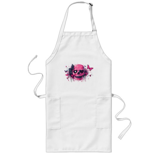 Tablier Long Crâne rose avec papillons et coeurs (Devant)