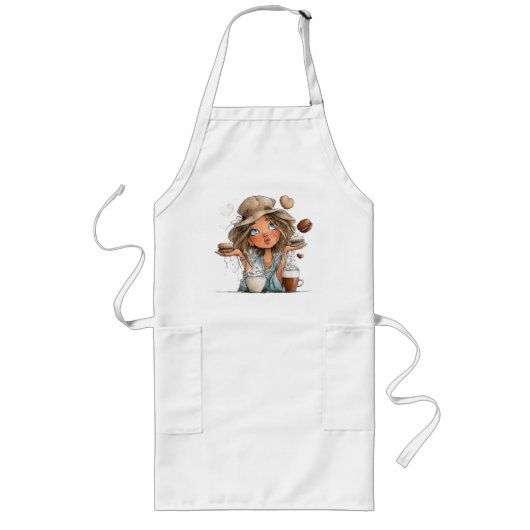 Tablier Long Cute Coffee Girl & Macarons  (Devant)