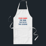 Tablier Long Funny | the man myth legend<br><div class="desc">Funny BBQ apron for men with funny | the man the myth the legend. Cute vend idea for papa on Fathers Day. Texte personnalisé. Make one for your father, husband, grandpa, brother, etc. Add your name. Blue and red color. Barbeque aprons in white beige and yellow, size short and long....</div>