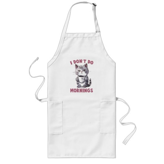 Tablier Long Je ne fais pas le matin - Chat gris avec café (Devant)