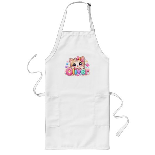 Tablier Long Mignon Kawaii Oliver Nom de Chat Pastel Rose Étinc (Devant)