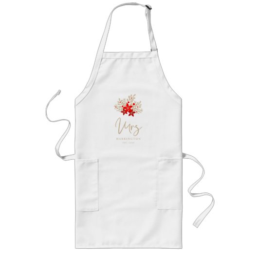 Tablier Long MRS Christmas Holly Branches Poinsettias Bouquet (Devant)