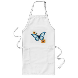 Tablier Long Papillon bleu à l'aquarelle Vintage