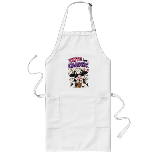 Tablier Long Vache mignonne mais chaotique avec café glacé (Devant)