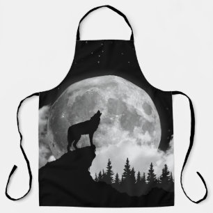 Tablier Loup noir et blanc hurlant sur la lune