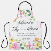 Tablier Luc 1:45 Béni est Elle, Écriture Féminine Floral (Recto)