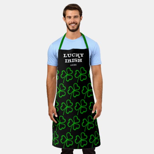 Tablier Lucky Irish Green Shamrock Motif noir Monogramme (Porté)