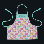 Tablier Macaron de couleur vive Cookies Faux Nom de la Par<br><div class="desc">Parties scintillant faux or blanc et coloré macarons français motif en rose,  violet,  jaune et turquoise. Nom personnalisable pour un cadeau personnalisé.</div>