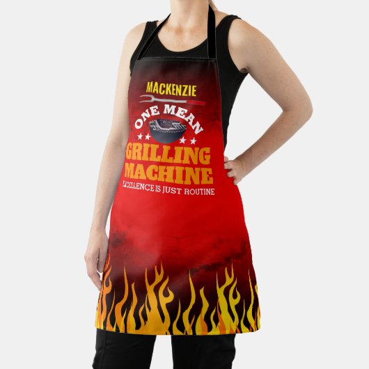 Tablier Machine à griller moyenne drôle avec nom et flamme (Insitu)