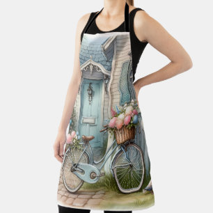 Tablier Maisonnette Bleue avec Vélo et Panier de Fleurs Pr