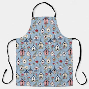 Tablier Maisons d'oiseaux en patchwork floral et fond bleu