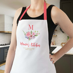 Tablier Maman Cadeau Rose Blush Whimsical Fleurs Monogramm
