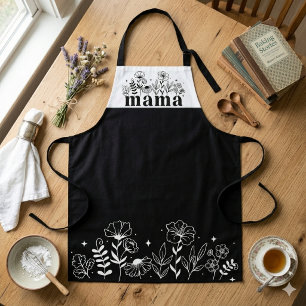 Tablier Maman Fleur Sauvage Noir & Blanc Minimaliste
