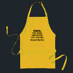 Tablier Man Myth Legend Funny Papa Citation<br><div class="desc">Surprenez grand-père avec cet homme Myth Légende Funny Papa Citation Adulte Apron. Il est conçu pour l'humour disant,  "papa l'homme le mythe la légende" suivi par "plus grand chef jamais" en audacieux typographie noire. Fabrique une idée de cadeau pour un grand-père qui aime griller et cuisiner.</div>