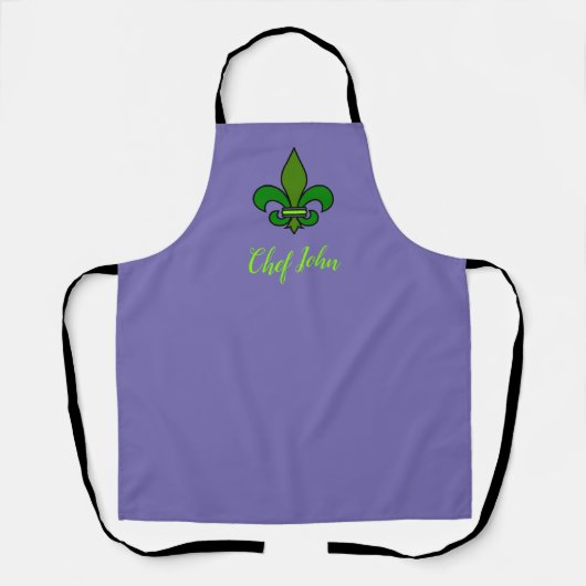 Tablier Mardi Gras Fleur de Lis Apron pourpre et vert (Recto)