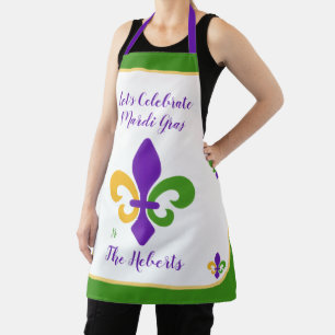 Tablier Mardi Gras NOM Vert Or Violet Fleur de Lis